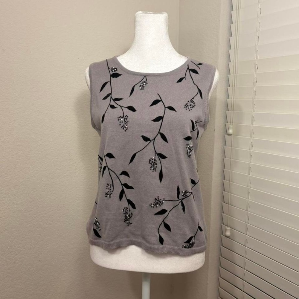 Size 90s vintage linen cotton blend gray sweater vest w black velvet floral